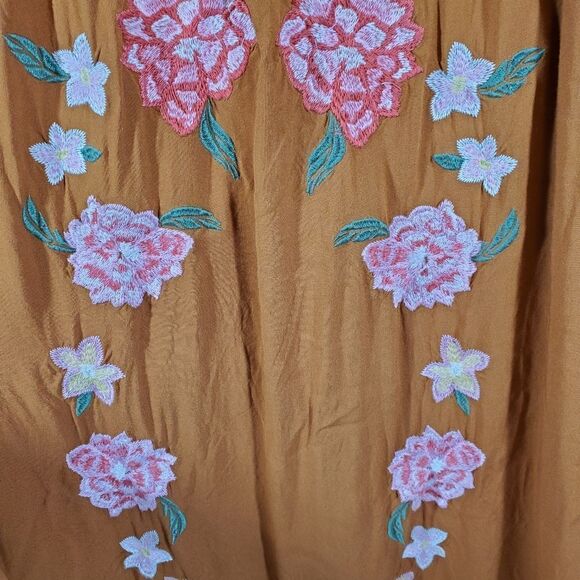 Xhilaration Floral Embroidered Bell Sleeve Caramel Boho Peasant Fall Dress - Picture 2 of 8